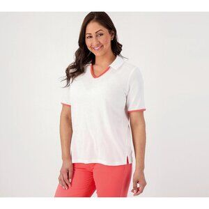 Denim & Co. Sea Glass Beach Knit Polo with Contrast Trim Size L